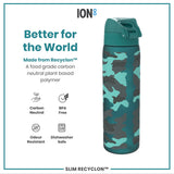 A teal, camouflage-patterned water bottle sits against a white background. It is made from a plant-based polymer, is BPA-free, odour resistant, and dishwasher safe. The bottle is advertised as 