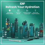 Several teal-colored water bottles, varying in size and design, are displayed on a teal surface. The bottles feature various designs and some have the logo 