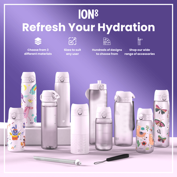 Various ION8 water bottles, in different sizes and designs, are displayed on a lavender surface; accessories are also shown. Choose from 3 different materials. Sizes to suit any user. Hundreds of designs to choose from. Shop our wide range of accessories.