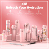 Several pink ION8 water bottles, varying in size and design, are displayed on a pink surface. Accessories are also shown. The text reads: 