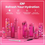 Pink ION8 water bottles, of various sizes and designs, are displayed on a pink surface. Choose from 3 different materials. Sizes to suit any user. Hundreds of designs to choose from. Shop our wide range of accessories.