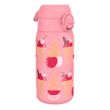 A pink, ice cream-patterned water bottle sits against a white background. The bottle features a flip-top lid and the brand 