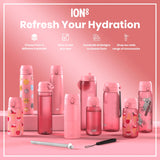 Pink ION8 water bottles, various sizes and designs, are displayed on a pink background. 