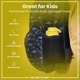 A dark-blue shark-patterned backpack, containing a yellow water bottle, sits in a child’s side pocket. Measurements and features, including leak-proof design, are listed. 