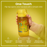 A yellow water bottle, with a flip top, is held by a hand; its design features a maze and snakes. The bottle is advertised as one-handed, leak-proof, and having triple lock security. 