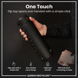 A black water bottle is being held; its flip top opens one-handed. The bottle shows ounce and milliliter measurements. The context is an advertisement highlighting ease of use and leakproof features. 