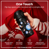A black, space-themed water bottle with a flip top is being held. The flip top opens one-handed with a simple click. The bottle is shown against a red background.