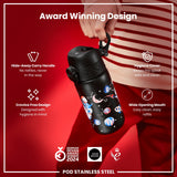 A black water bottle with a space theme design is being held; it features a hide-away handle and a wide mouth for easy cleaning, against a red background. The bottle boasts award-winning design and hygiene features.