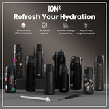 Several ION8 branded water bottles, in various sizes and designs, are displayed on a gray surface. Choose from 3 different materials. Sizes to suit any user. Hundreds of designs to choose from. Shop our wide range of accessories.