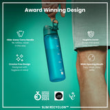 A teal water bottle is being held; it features a hide-away handle, crevice-free design, hygiene cover, and wide mouth. Awards from 2021 and 2024 are shown. The bottle is labelled 