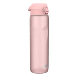 A pink ION8 water bottle stands upright against a white background. The bottle features a flip-top lid and ounce markings.