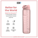 A pink water bottle sits against a white background. It is made from a plant-based polymer and is BPA free, dishwasher safe, odor resistant, and carbon neutral. The bottle is marked with measurements in milliliters and ounces. 