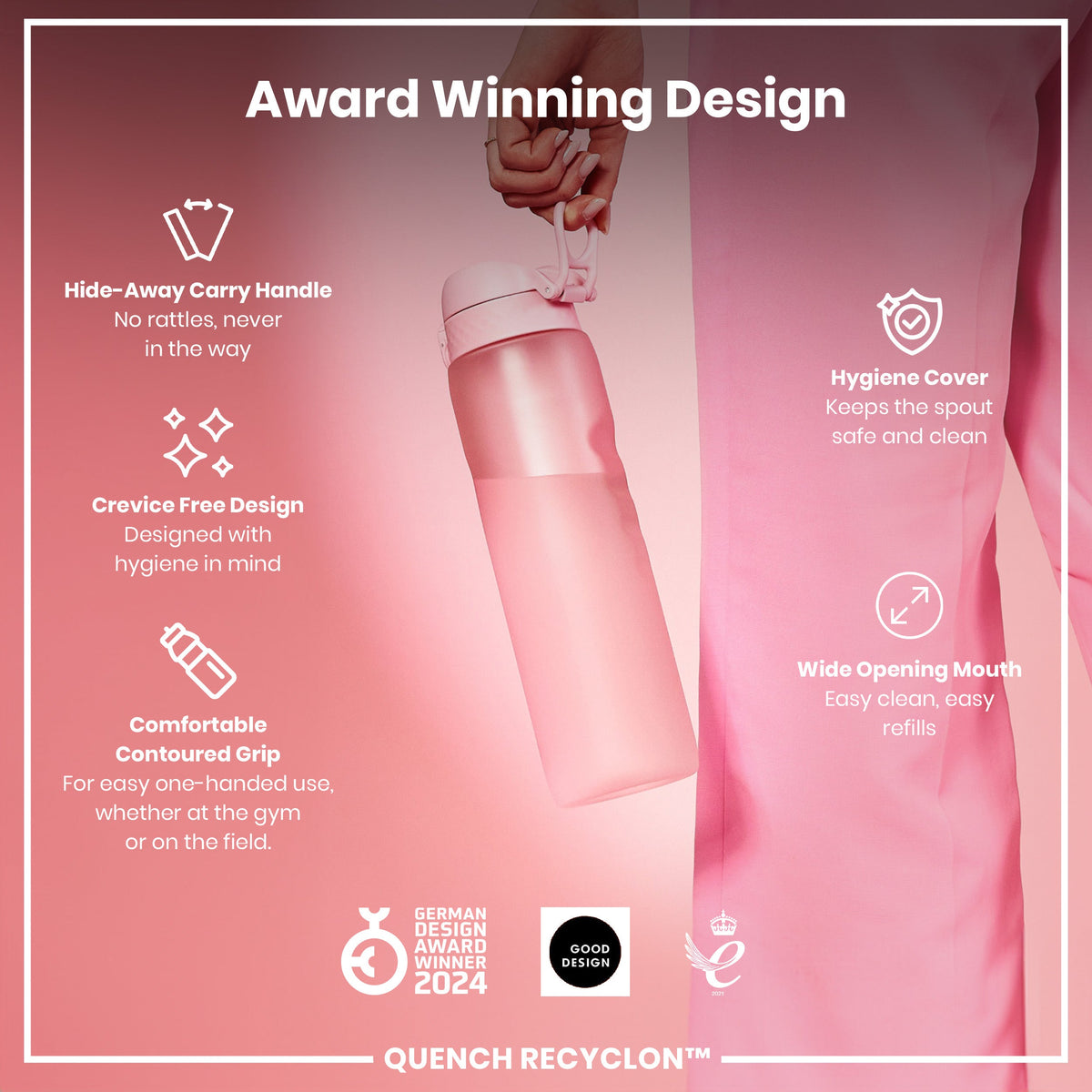 A pink water bottle is being held; its features are highlighted in text, including a hide-away handle, crevice-free design, contoured grip, hygiene cover, and wide mouth. The bottle is award-winning.
