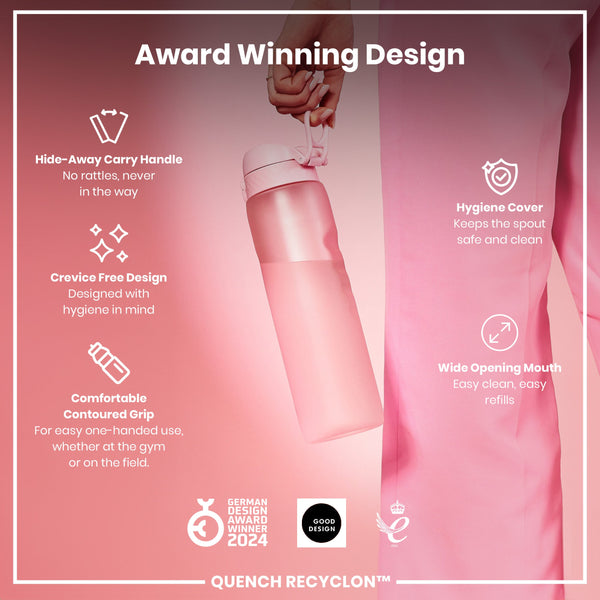 A pink water bottle is being held; its features are highlighted in text, including a hide-away handle, crevice-free design, contoured grip, hygiene cover, and wide mouth. The bottle is award-winning.