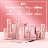 Several pink ION8 water bottles, varying in size and design, are displayed on a pink surface. Accessories are shown; the text reads: 