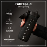 A black water bottle with a full flip lid is being held; its 240° opening and markings are visible. The bottle is showcased against a dark background. 