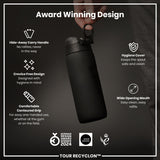 A black water bottle is being held. It has several design features highlighted, including a hide-away handle, crevice-free design, contoured grip, hygiene cover, and wide opening mouth. The bottle has won several design awards.