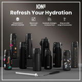 Several ION8 water bottles, in various sizes and designs, are displayed on a grey surface. They are shown alongside a straw and strap. The background features promotional text: 