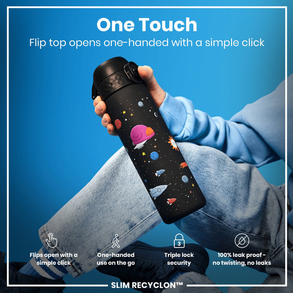 A black water bottle, featuring a space theme, is held; its flip top opens one-handed. The bottle is displayed against a bright blue background. "One Touch," "Flips open with a simple click," "One-handed use on the go," "Triple lock security," "100% leak proof - no twisting, no leaks," and "SLIM RECYCLON™" are also shown.