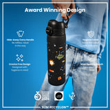 A water bottle, being held, shows off its features against a blue backdrop. Award Winning Design. Hide-Away Carry Handle. No rattles, never in the way. Hygiene Cover. Keeps the spout safe and clean. Crevice Free Design. Designed with hygiene in mind. Wide Opening Mouth. Easy clean, easy refills. GERMAN DESIGN AWARD WINNER 2024. GOOD DESIGN. SLIM RECYCLON™. 2021.
