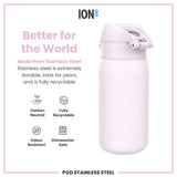 A light-purple stainless steel water bottle sits against a white background; it's advertised as durable, recyclable, and dishwasher safe.