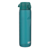 A teal water bottle stands upright against a white background. The bottle has measurement markings and the logo 