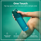 A teal water bottle is held; its flip top opens one-handed. The context is a promotional graphic highlighting ease of use and leakproof design. 