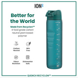 A teal water bottle sits against a white background. The bottle displays volume markings and is made from a plant-based polymer. It is described as carbon neutral, BPA free, odour resistant and dishwasher safe. The text 