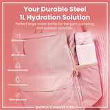 A pink, 1200ml/40oz water bottle fits inside a pink backpack's pocket. It's described as durable steel, backpack friendly, leakproof, and suitable for various activities.