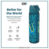 A teal water bottle, featuring a leaf and creature design, sits against a white background. It’s made from Recyclon™, a plant-based polymer, and is BPA-free, odour resistant, and dishwasher safe.