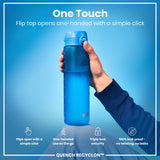 A blue water bottle is held; its flip top opens one-handed. The background is a solid blue; text highlights the bottle's features, including 