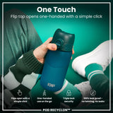 A teal water bottle is held; its flip top opens one-handed. The context is a person's hand, clothing, and teal background. 