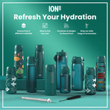 Several teal ION8 water bottles, various sizes and designs, are displayed on a teal surface; accessories shown include a straw and carrying strap. 