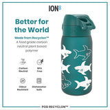 A teal water bottle, featuring a hinged lid and shark illustrations, sits against a white background. It's made from a plant-based polymer, is BPA-free, odour-resistant, and dishwasher safe. The bottle is advertised as 