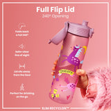 A pink water bottle, featuring a unicorn design, is held; its full flip lid is open, showing a 240° opening. The bottle is advertised as “SLIM RECYCLON™”.