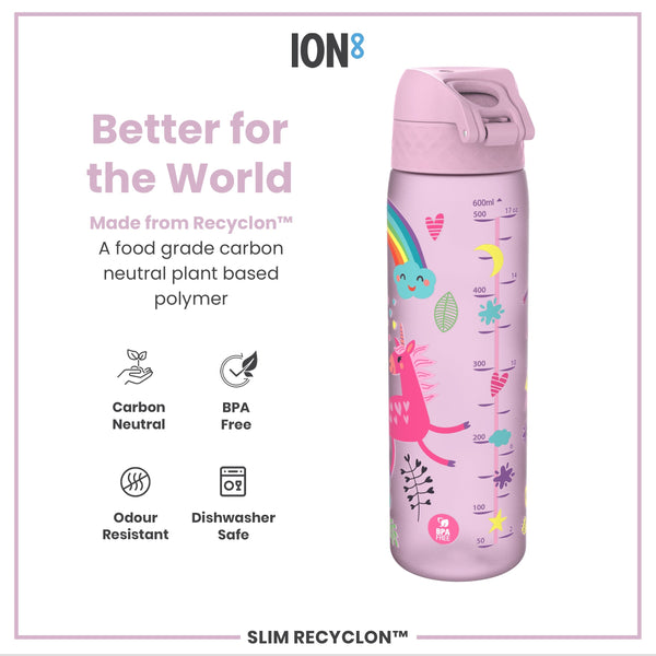 A lavender water bottle, featuring a unicorn design and measurement markings, sits against a white background; advertisements emphasize its eco-friendly construction.