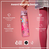 A pink children's water bottle, with a unicorn design, is being held; it features a hide-away handle, wide mouth, and hygiene cover. Award Winning Design. German Design Award Winner 2024. Good Design. Slim Recyclon™.