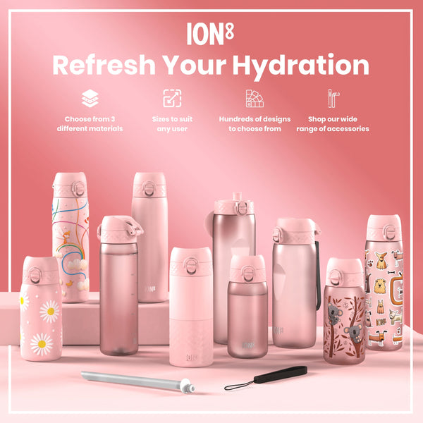 Several pink water bottles, varying in size and design, are displayed on a pink surface. They showcase different patterns and materials. The context is an advertisement for ION8 hydration products.