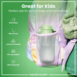 A light-green water bottle fits inside a pastel-purple school backpack's mesh pocket. The backpack is shown against a green background. 