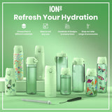 Several pastel-green water bottles, varying in size and design, are displayed on a green surface. They showcase different patterns and materials. The surrounding text advertises the brand 