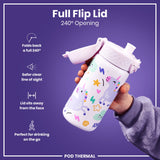A unicorn-patterned water bottle with a full flip lid is held by a child against a purple background. The lid folds back 240°. Text on the image reads: 