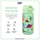 A light-green water bottle, featuring a dinosaur design, sits against a white background; it is made from a plant-based polymer and is BPA-free, odour-resistant, and dishwasher-safe. 