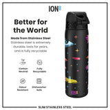 A black stainless steel water bottle, featuring a space-themed design, stands against a white background. It is described as carbon neutral, fully recyclable, odour resistant, and dishwasher safe.