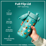 A teal water bottle, decorated with bees and flowers, is being held; its flip lid opens 240 degrees. The bottle's design facilitates drinking on the go. Full Flip Lid, 240° Opening. POD THERMAL.