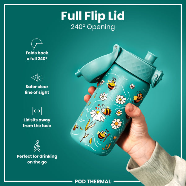 A teal water bottle, decorated with bees and flowers, is being held; its flip lid opens 240 degrees. The bottle's design facilitates drinking on the go. Full Flip Lid, 240° Opening. POD THERMAL.