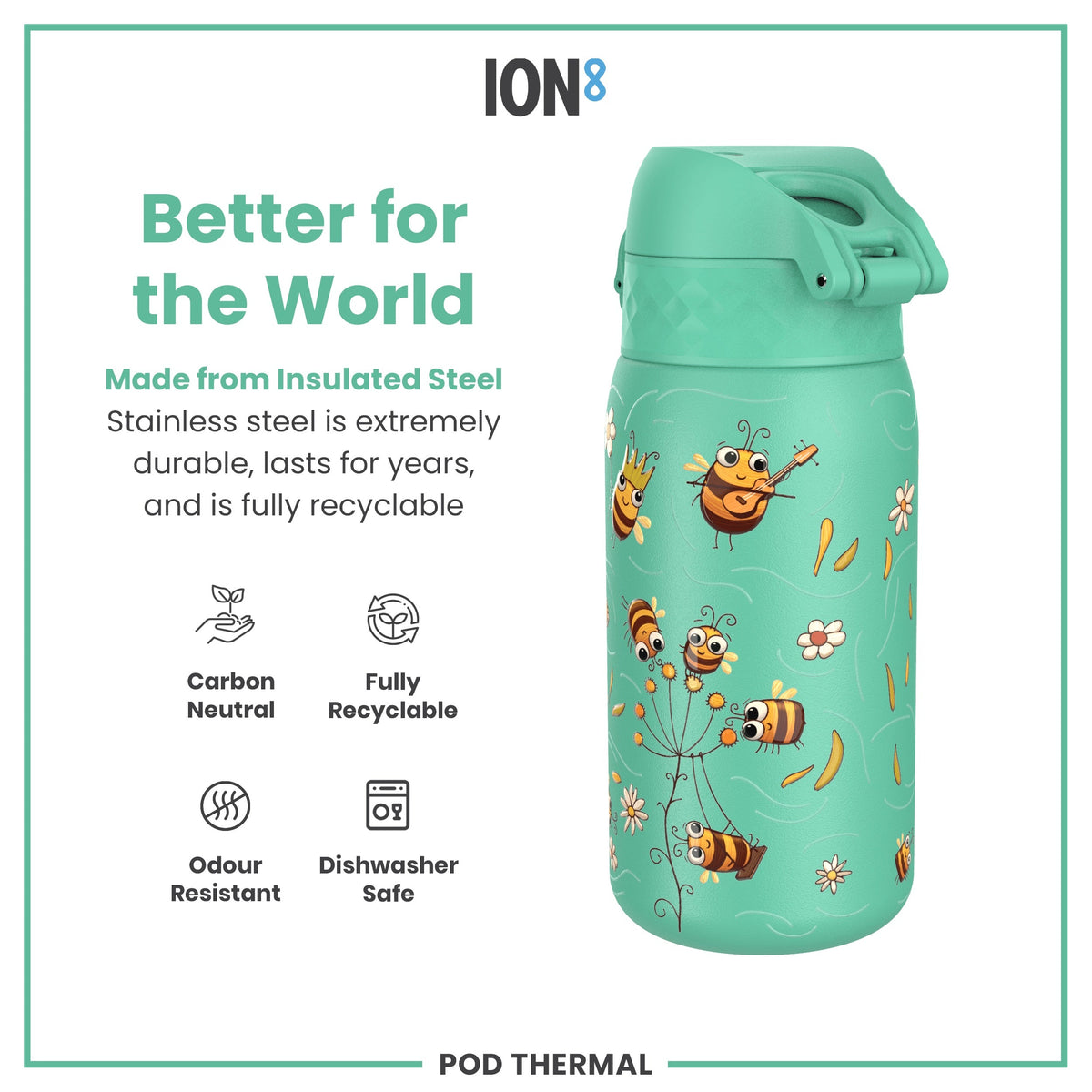 A teal insulated stainless steel water bottle, featuring playful bee illustrations, sits against a white background. The bottle is advertised as durable, recyclable, odor-resistant, and dishwasher-safe. The text also mentions that the product is carbon neutral.