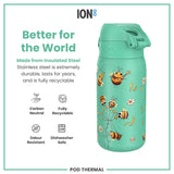A teal insulated stainless steel water bottle, featuring playful bee illustrations, sits against a white background. The bottle is advertised as durable, recyclable, odor-resistant, and dishwasher-safe. The text also mentions that the product is carbon neutral.