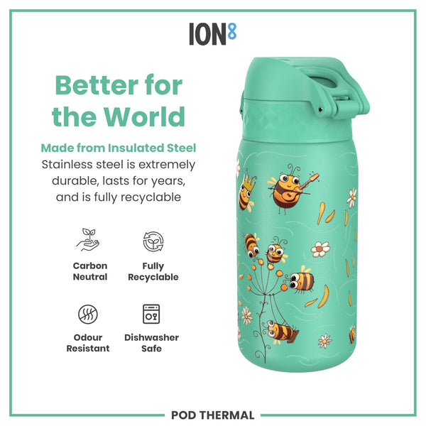A teal insulated stainless steel water bottle, featuring playful bee illustrations, sits against a white background. The bottle is advertised as durable, recyclable, odor-resistant, and dishwasher-safe. The text also mentions that the product is carbon neutral.