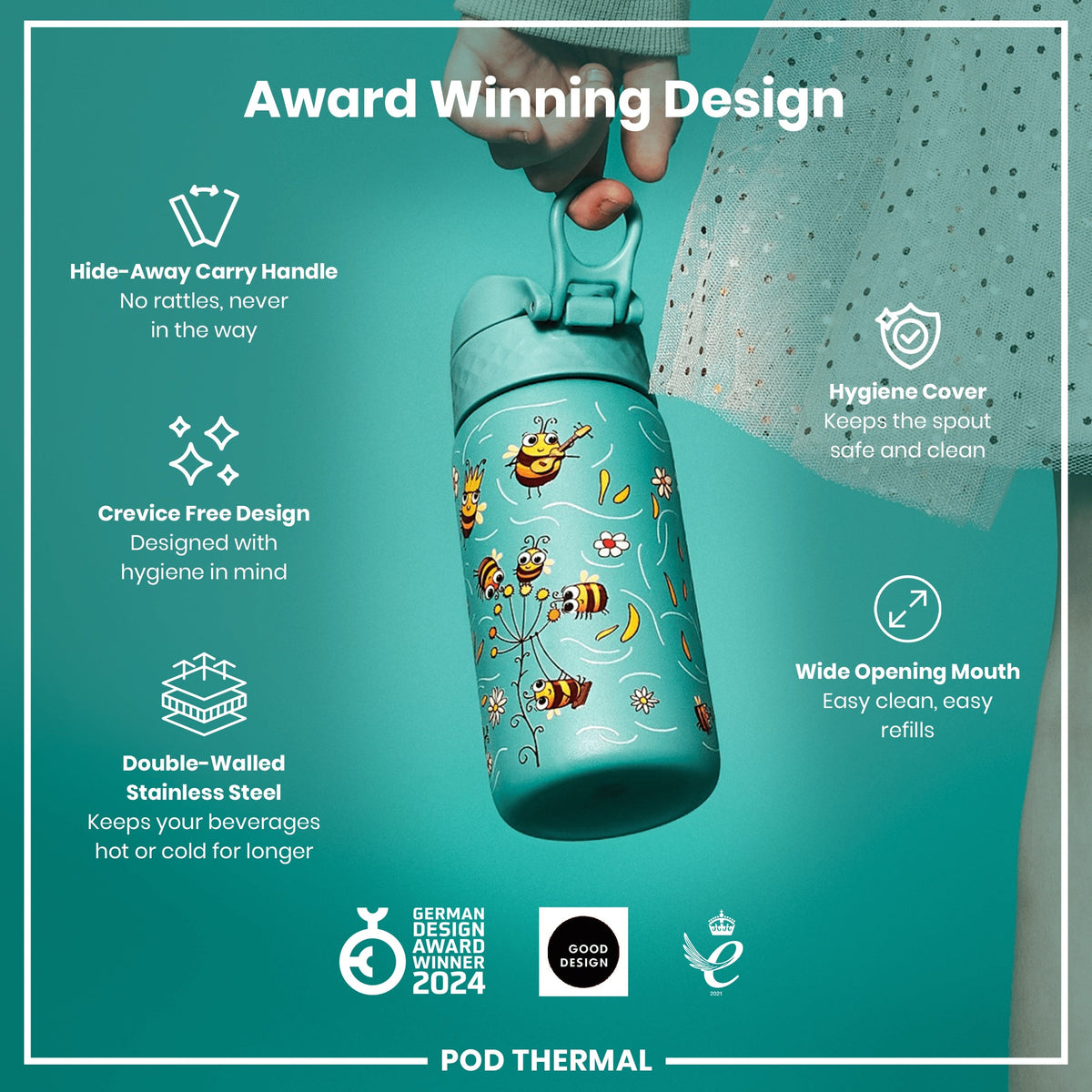 A teal-colored, bee-themed, double-walled stainless steel water bottle is being held. It features a hide-away handle, crevice-free design, hygiene cover, and wide mouth. The bottle is shown against a teal background, and is advertised as an award-winning design.