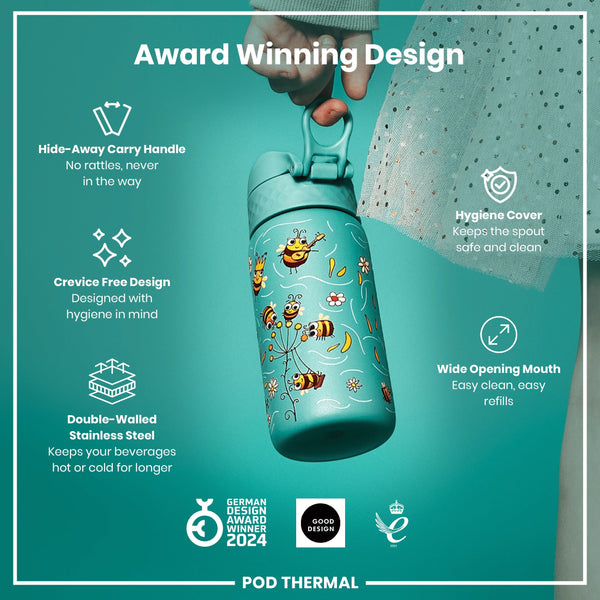 A teal-colored, bee-themed, double-walled stainless steel water bottle is being held. It features a hide-away handle, crevice-free design, hygiene cover, and wide mouth. The bottle is shown against a teal background, and is advertised as an award-winning design.